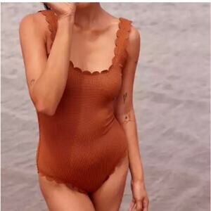 Aerie Textured Scalloped Full Coverage One Piece Rust Brown Medium Long